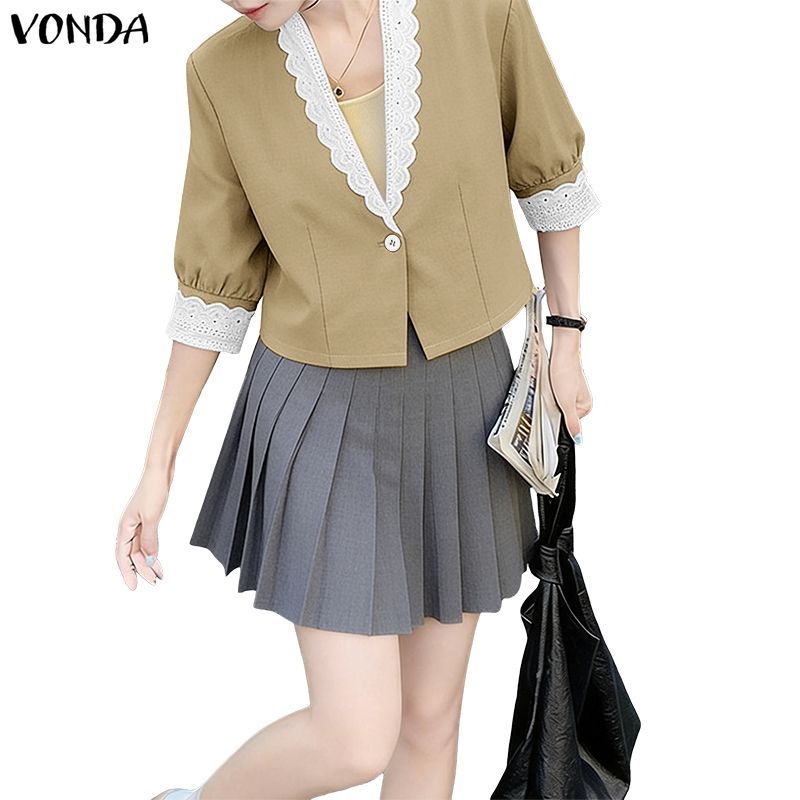 VONDA ชุดแขนเสื้อสำหรับผู้หญิงสไตล์เกาหลี ออกแบบมาพร้อม bowknot ด้านหน้าและเนื้อผ้า twill ลายสานสามแ