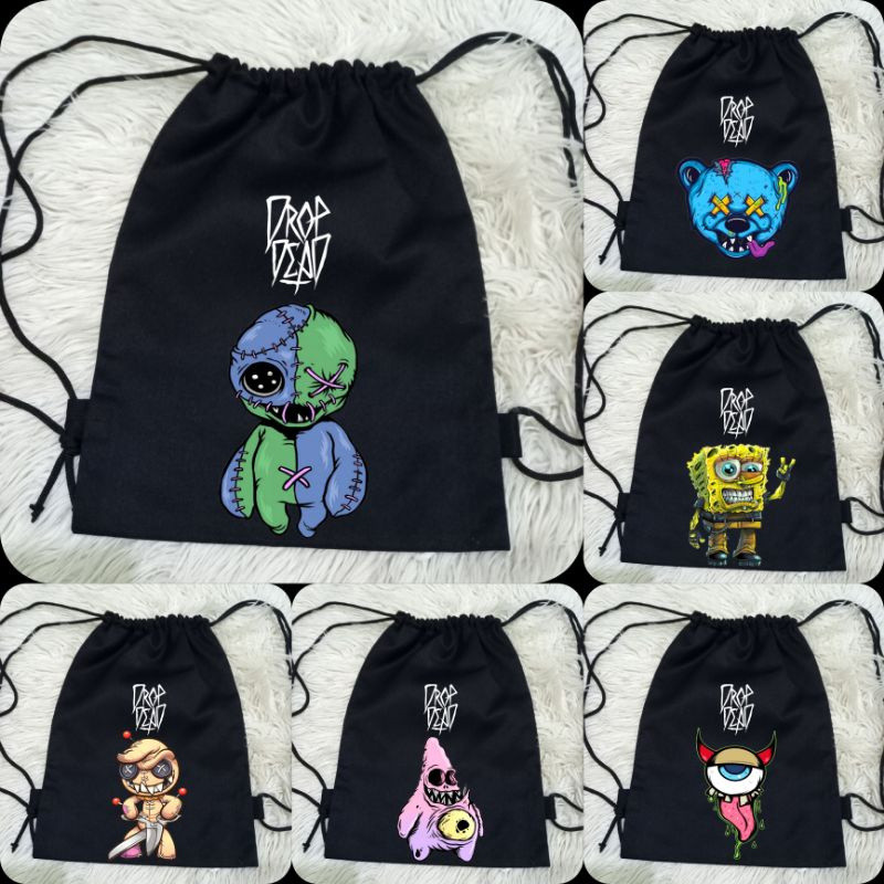 Black Drop Dead Drawstring Bag พรีเมี่ยมผ้าใบหนาวัสดุ Black Distro Drop Dead Drawstring Bag/ School 