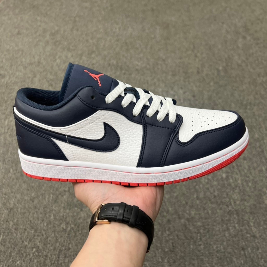 Air Jordan 1 Low Retro "Ember Glow" Midnight Blue AJ1, รองเท้าบาสเก็ตบอลกลางแจ้งคุณภาพสูง, รองเท้ากี