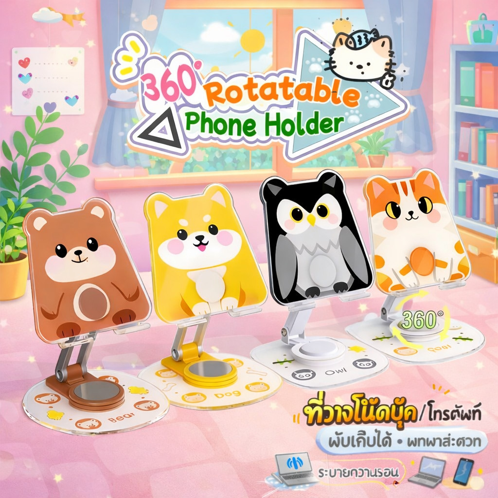 [ส่งด่วน] ที่วางมือถือ การ์ตูนน่ารัก อะคริลิค หมุน360° ปรับระดับได้ พับเก็บได้ ขาตั้งโทรศัพท์ หลายลาย