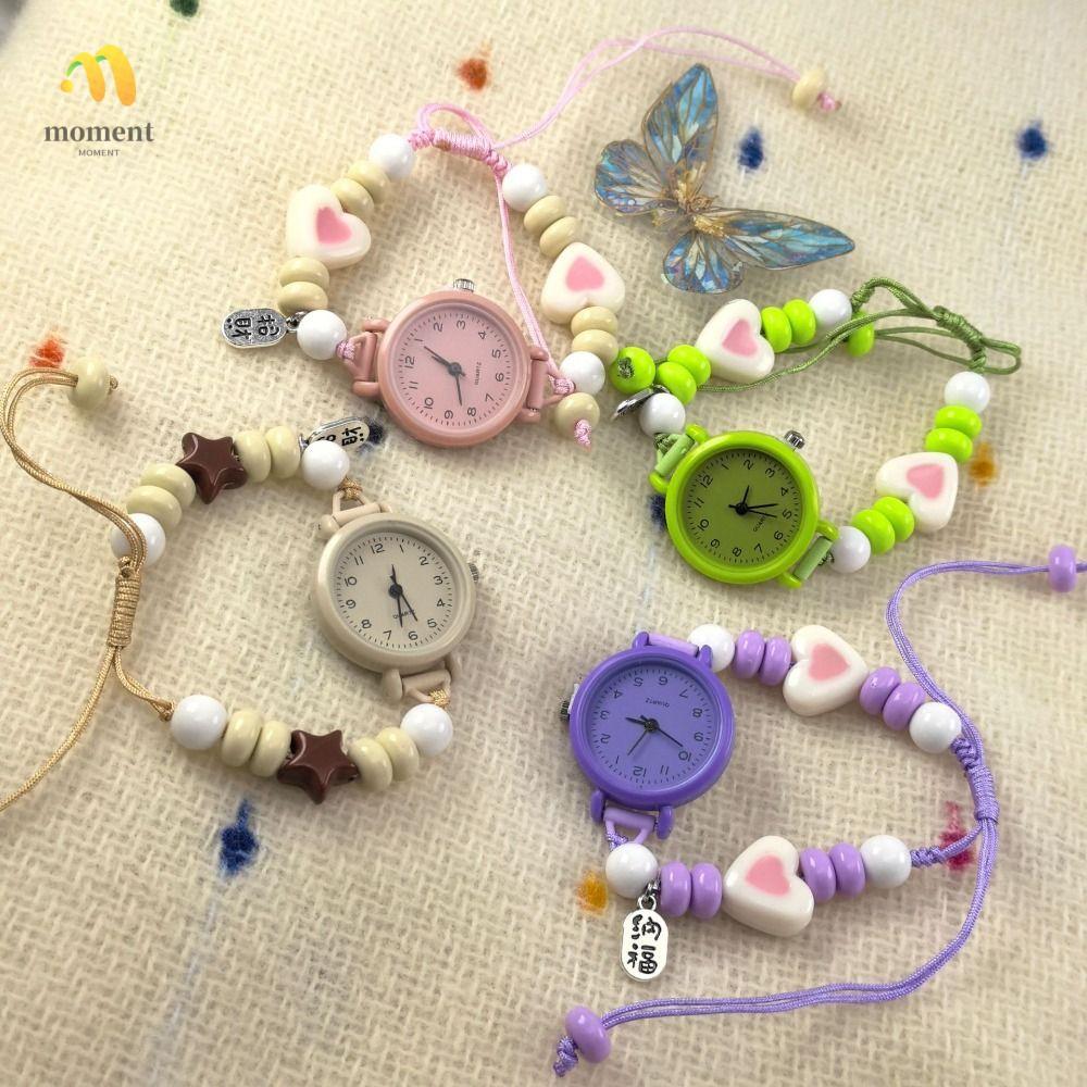 MOMENT Star Heart Chain Watch, Pendant Dopamine Bracelet Watch, Fashion Adjustable Beaded Quartz Wat