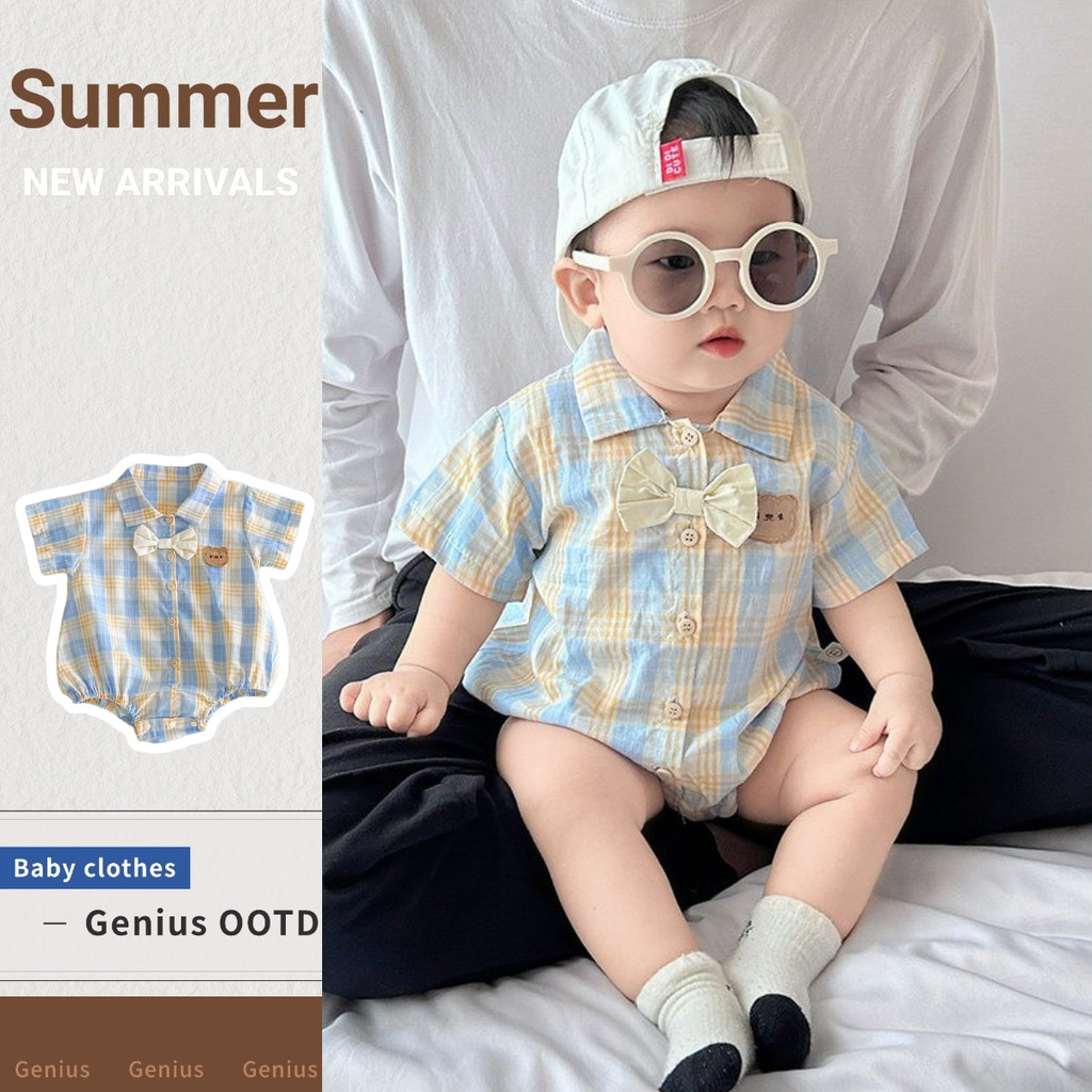 เสื้อโปโลแขนสั้นและชุดรอมเปอร์สำหรับทารกและเด็กชาย อายุ 0-24 เดือน จากผ้าฝ้ายบาง ลายสก๊อตหมี ในสไตล์เกาหลี