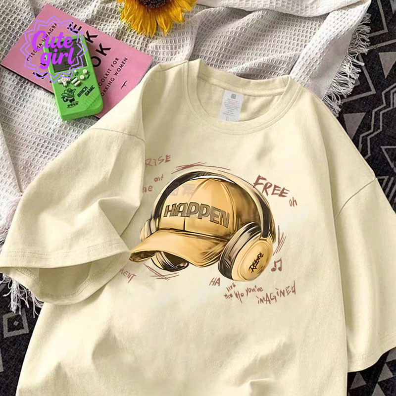 CODREADY STOCK 夏季纯棉圆领เสื้อยืด "ฟรี" 耳饰图帽子 - 男女加绒服 韩国 PMK6