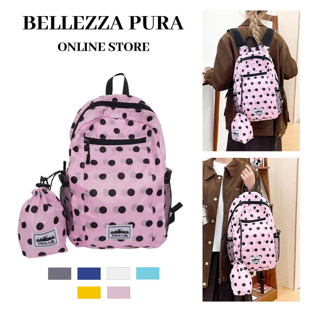 Bellezza Pura กระเป๋าเป้ไนลอนสไตล์เกาหลี ขนาดใหญ่ กันน้ำ ลายจุด กระเป๋านักเรียน แถมกระเป๋าเล็กสีเดียวกัน