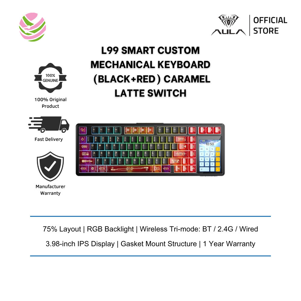 AULA L99 คีย์บอร์ดแบบกลไกแบบกําหนดเองอัจฉริยะ (แบบมีสาย/ 2.4G/ BT/โครงสร้างแก๊ส/ RGB) Black+RED สวิต