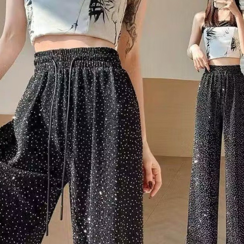 Tee Verse กางเกงขายาวผู้หญิงเเฟชั่นใหม่ สินค้าขายดี ขากว้างผ้าไหมน้ําแข็งกางเกงเชือกรูดปรับระดับได้‌