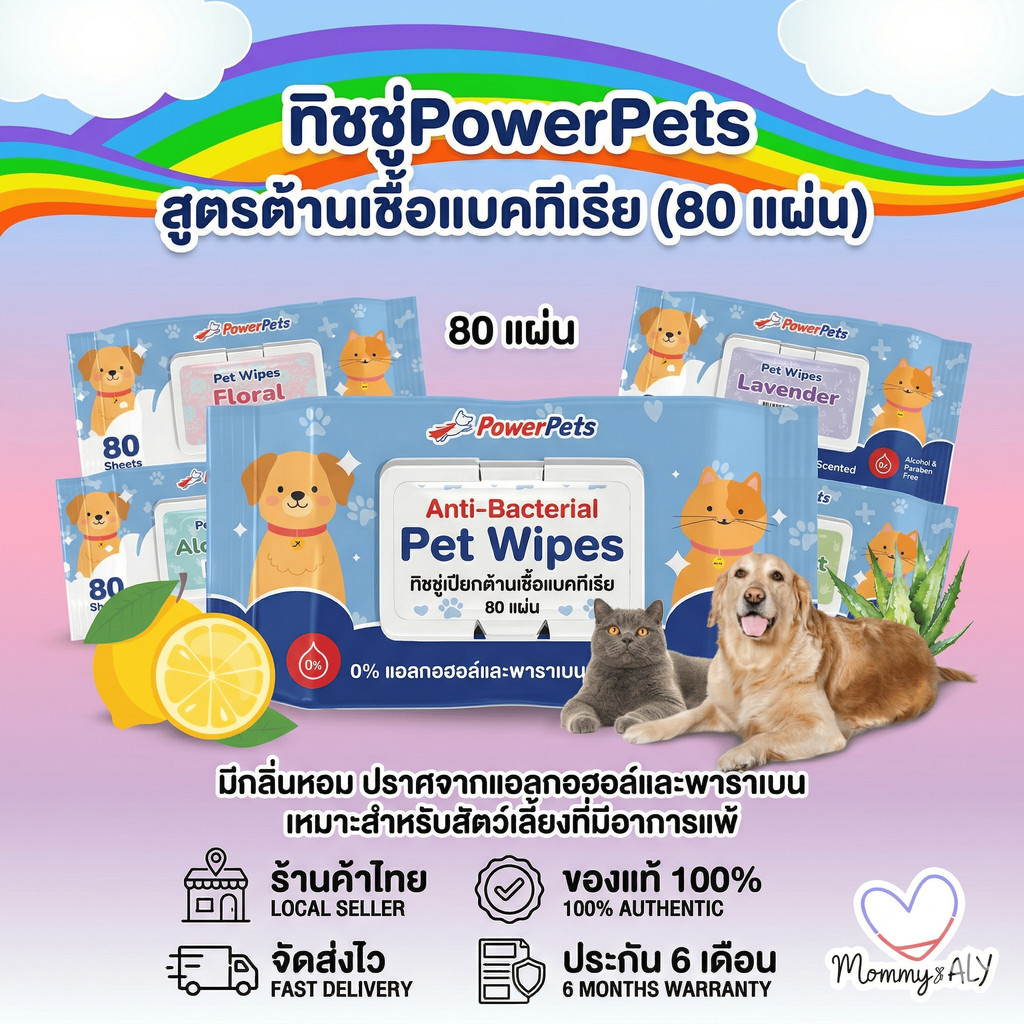 ทิชชู่เปียกสำหรับสัตว์เลี้ยง แบรนด์ PowerPets  สูตรต้านเชื้อแบคทีเรีย 80 แผ่น ปราศจากแอลกอฮอล์