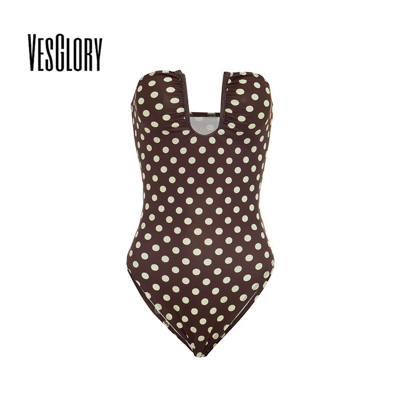 VesGlory บอดี้สูทเอวสูง ลายโปล์กา Dot ปิดไหล่ Backless เซ็กซี่สำหรับชายหาดและแฟชั่นใหม่