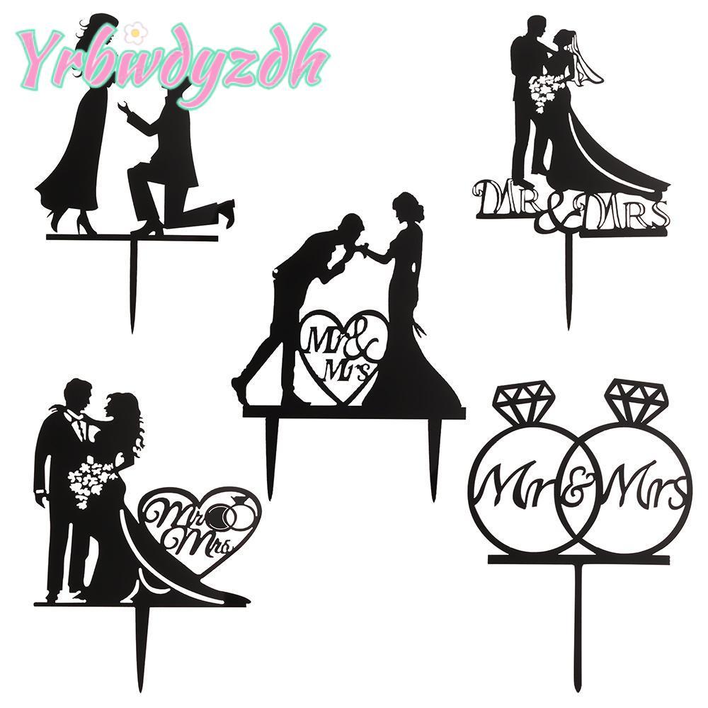 YRBWDYZDH เค้ก Topper DIY หัตถกรรมสีดําทองเจ้าสาวเจ้าบ่าว Mr Mr Mrs