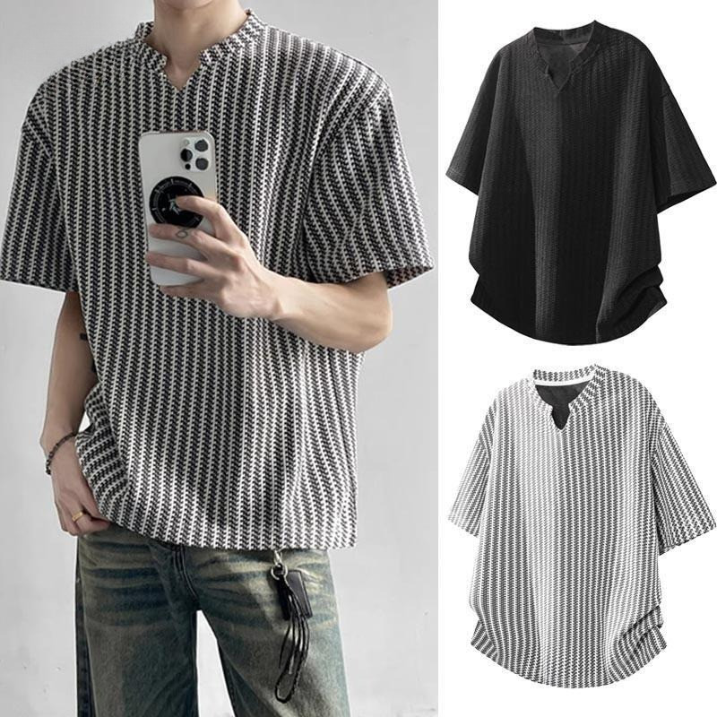 เสื้อผู้ชายแขนสั้นผ้าไหมน้ำแข็ง แบบคาวิน แห้งเร็วดышได้สะดวก สไตล์ลำลอง สีดำ สีขาว และสีเทา มีไซส์พิเศษ