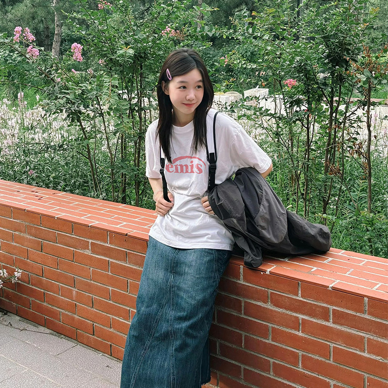 Niche Emis พิมพ์ Xu Mengjie เดียวกันแขนสั้นเสื้อยืดผู้หญิงอินเทรนด์แบรนด์ผ้าฝ้ายแท้รอบคอครึ่งแขนด้าน