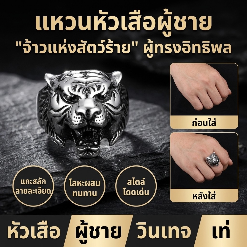 🎁กำลังมีโปรโมชั่น🎁【หัวเสือ3Dแกะสลักสมจริง】แหวนหัวเสือสุดเท่สำหรับผู้ชาย/ราชาแห่งสัตว์ทั้งปวง/แหวนผู้ชายลายหัวสิงห์/แหวนสแตนเลสทนทาน/แบบผู้ชายเท่ๆ/เครื่องประดับแฟชั่นชาย/แหวนทอง แหวนแฟชั่น แหวนสแตนเลส เครื่องประดับ/ลายสัตว์สวยงาม/ไซส์ปรับได้