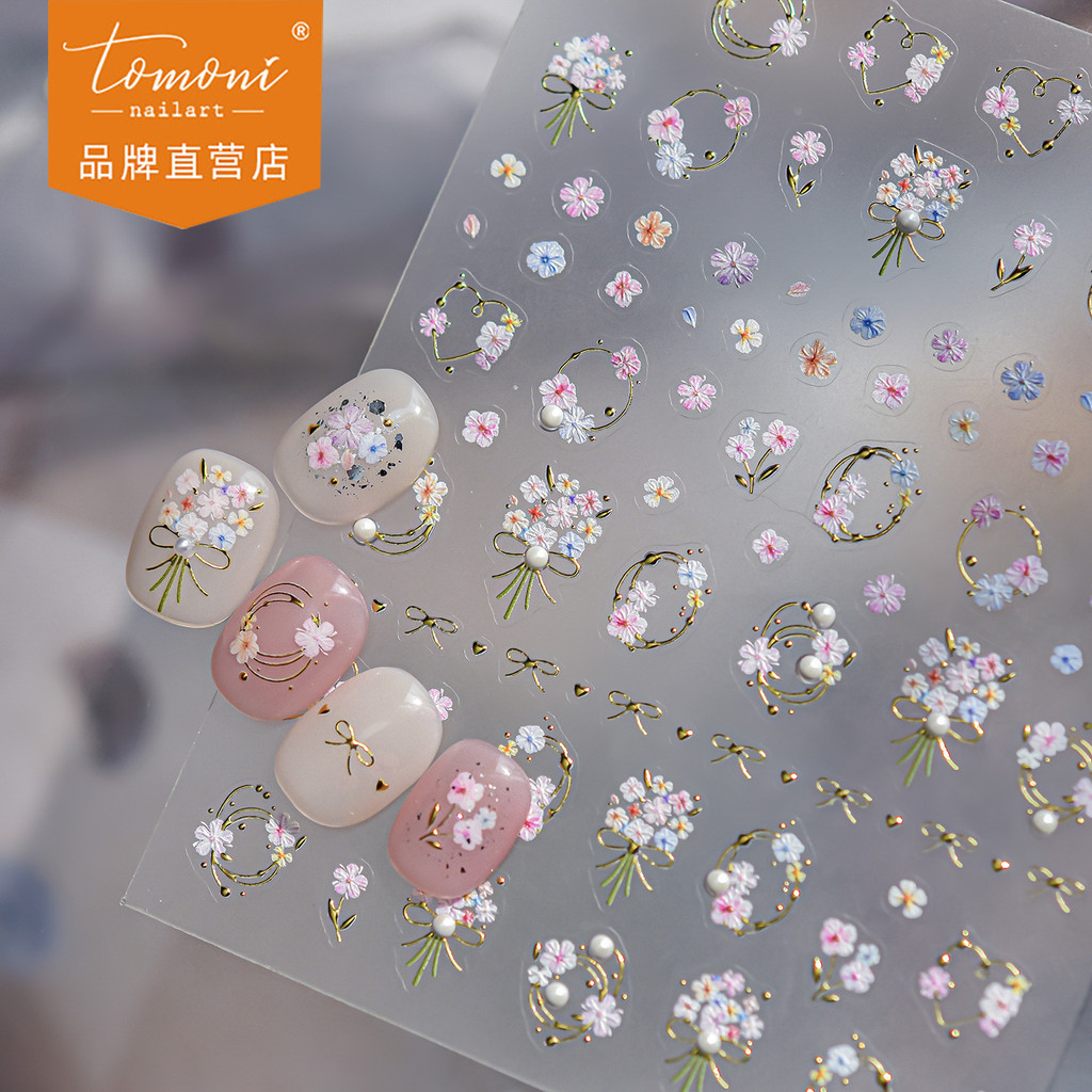 [Meow.Sensei] tomoni คริสตัลเพชรสติ๊กเกอร์ติดเล็บสไตล์อินส์ร้อนขายแสงหรูหราสไตล์สติ๊กเกอร์ติดเล็บช่อดอกไม้ทองอุปกรณ์ทําเล็บสติกเกอร์