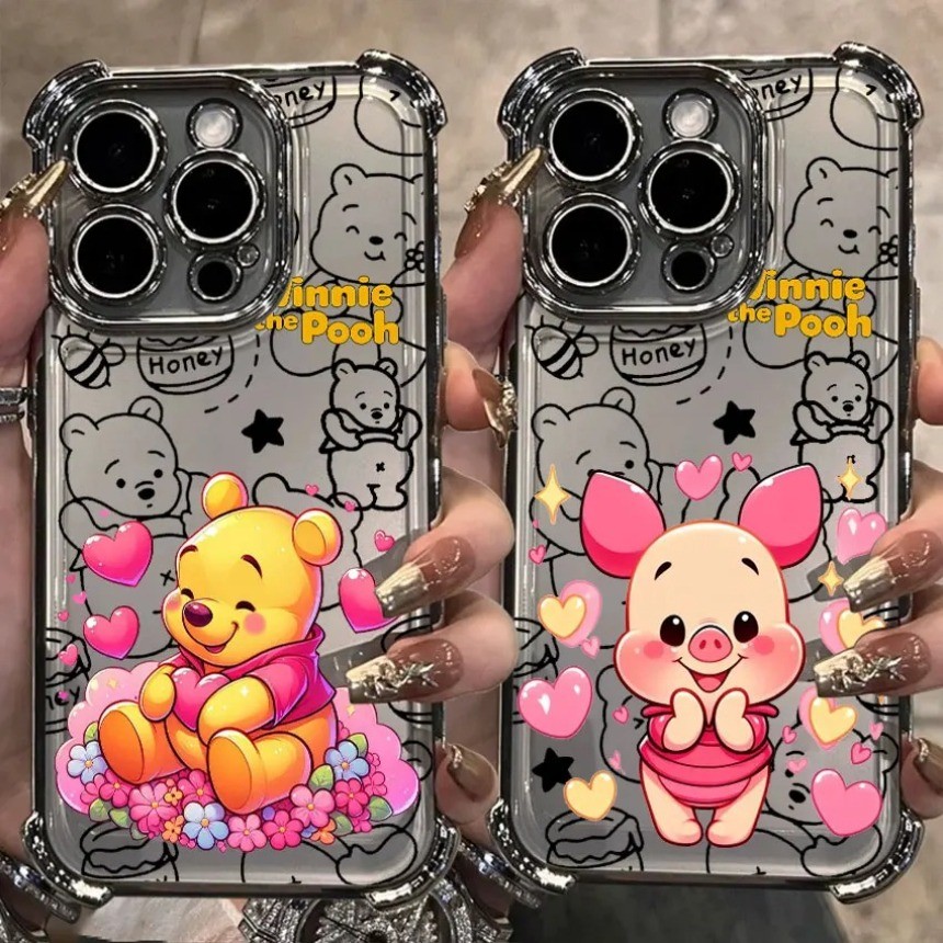 สําหรับ OPPO A9 A5 2020 F11 Pro Reno 4 5 6 7 8 10 Pro Reno 8T 6Z 7 8 Lite เคสโทรศัพท์สี่มุมถุงลมนิรภัย anti fall นุ่มสีชมพูรูปหัวใจ Winnie the Pooh ฝาครอบ