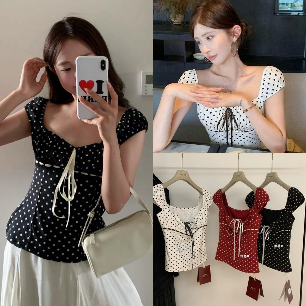 W8864 เสื้อคอกว้าง ลายจุด แขนสมอค ช่วงอกแต่งโบว์ผ้าดีใส่สบาย ใส่แมทซ์ง่าย แฟชั่นเกาหลี TAG WG.WE