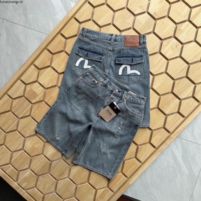 Evisu 2025 ใหม่  ฤดูร้อนสไตล์ใหม่ Street Wear Retro Hip-Hop Letter ปักกางเกงยีนส์กางเกงขาสั้น Croppe