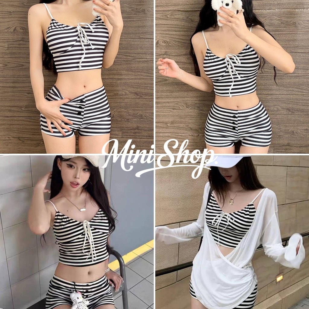 Mini shop🌸พร้อมส่ง🌸(FY5083)ชุดว่ายน้ำ บิกินี่ ลายทาง สไตล์สบายๆ เหมาะสำหรับวันพักผ่อน เที่ยวทะเล
