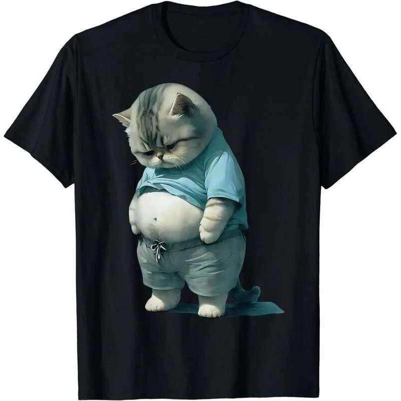 Cute Funny Fat Cat Art Design Fat Kitten Cat Lover T-Shirt for Men Women Lovely Short Sleeve Graphic Cotton Men T Shirt