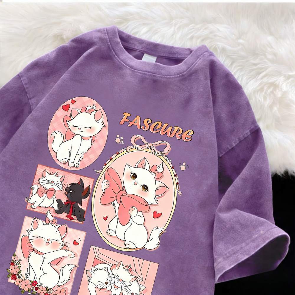 TeeTwoOneเสื้อน่ารัก เสื้อสีฟอก'Mary Cat FASCURE' เสื้อยืด cotton100%วินเทจ OVERSIZEเสื้อทรงซ้อS-3XL【COD】