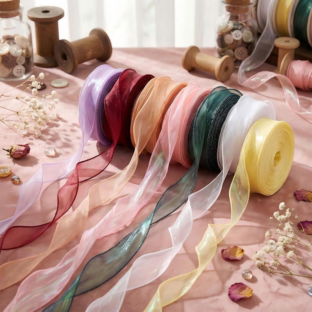 St.kunkka 40มม.ริบบิ้นผ้าโปร่ง 1ม. ริบบิ้นคลื่น ริบบิ้นผ้าแก้ว หน้ากว้าง DIY ริบบิ้นตกแต่งเค้ก