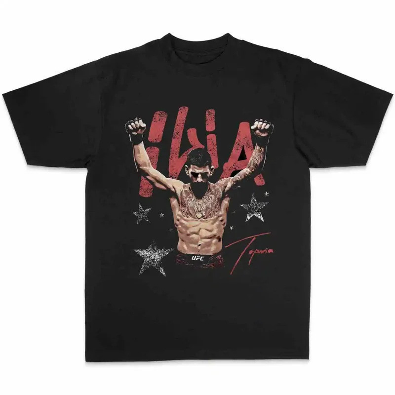 ใหม่ เสื้อยืดพิมพ์ Ilia Topuria UFC MMA ผ้าฝ้ายสีดำแขนสั้นชุดต่อสู้สำหรับผู้ชาย