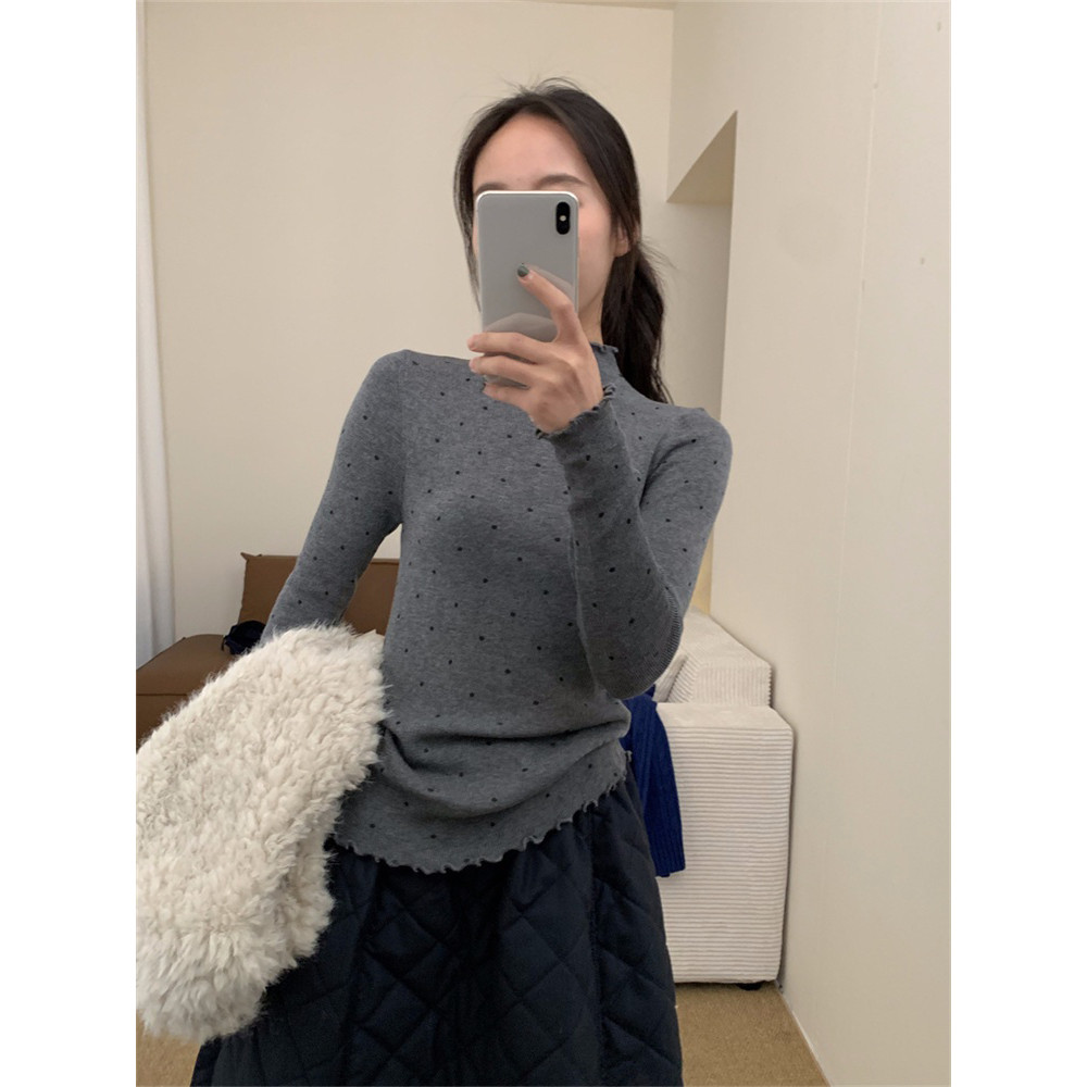 Vogue พร้อมส่ง  เสื้อยืดแขนยาว คอเต่าเล็ก ดีเทลลายจุด สีขาวเทา ใสาสบาย (FY7874) ราคา ถูกที่สุด ดีลบีเคเค แกลเลอรีภาพที่ 2