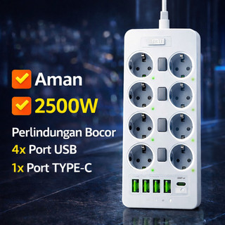 2500W Charger USB + (4 USB + 1 Type-C) + 3/6/8 Colokan Stop Kontak  Power Strip Socket Elektrik Kabel 2M 3M 5M