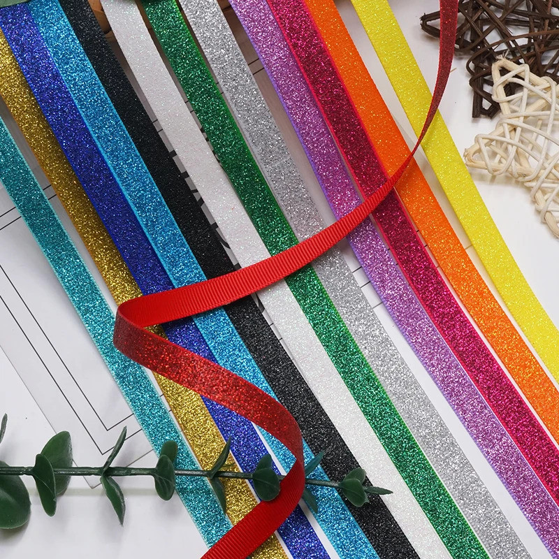 50Yards 3/8'' 9mm Solid Color Full Glitter Grosgrain Polyester Pink Rose Gold White Ribbon