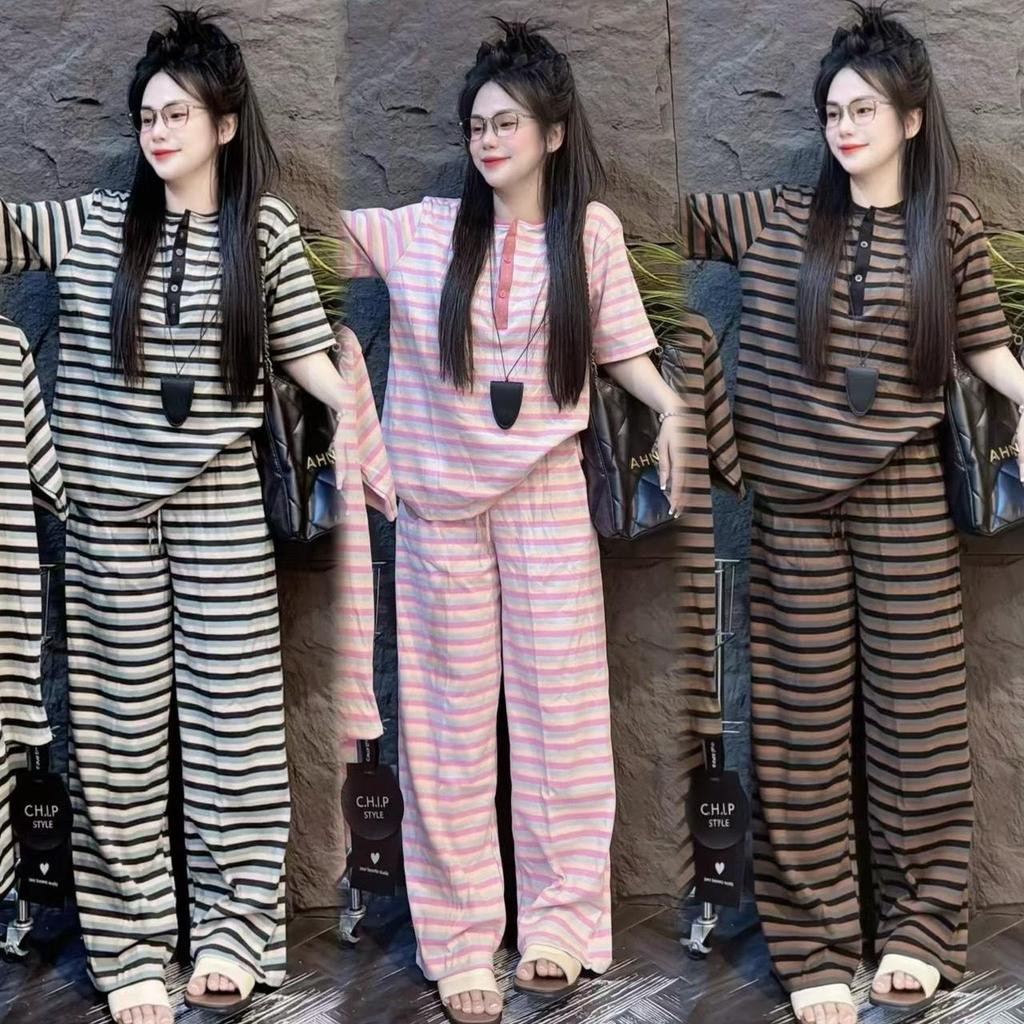 Mayura Stores No.Ce123 ชุดเซ็ท2ชิ้น เสื้อแขนสั้น+กางเกงขายาว (ลายทางกระดุมหน้า) ชุดเซ็ท ชุดเซ็ทแฟชั่น