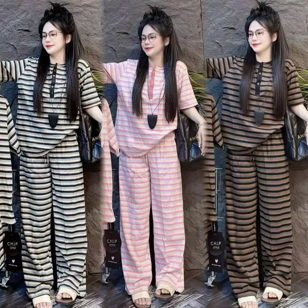 Mayura Stores No.Ce123 ชุดเซ็ท2ชิ้น เสื้อแขนสั้น+กางเกงขายาว (ลายทางกระดุมหน้า) ชุดเซ็ท ชุดเซ็ทแฟชั่น