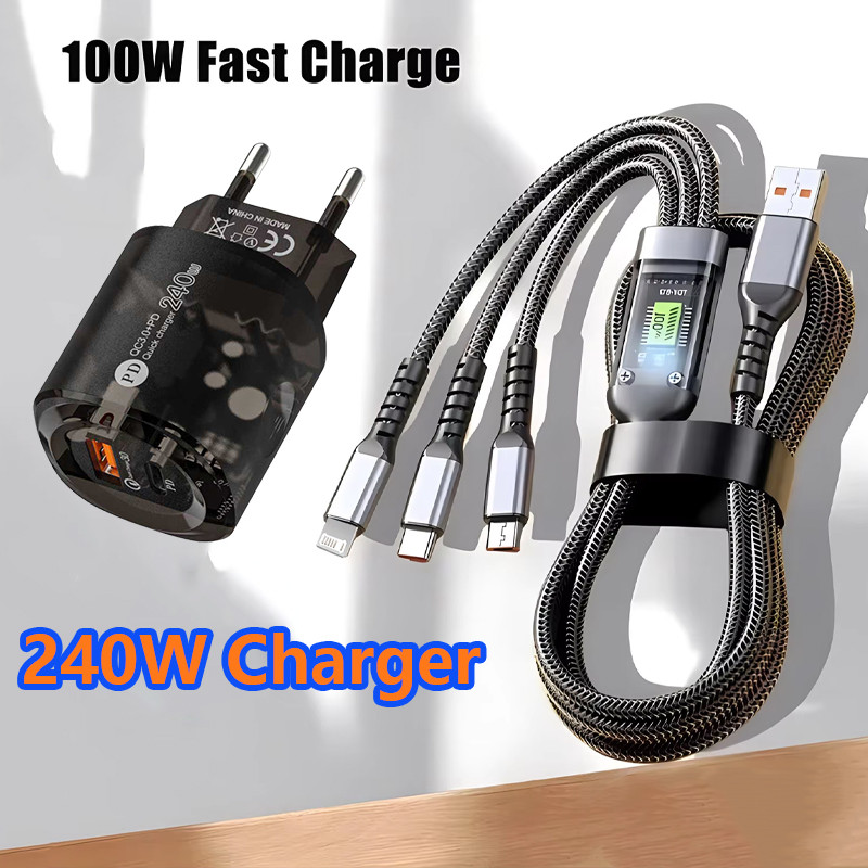 240W Dual Port USB Type-C Charger สําหรับโทรศัพท์มือถือ 3 in 1 100W Fast Charging Multi USB Charger 