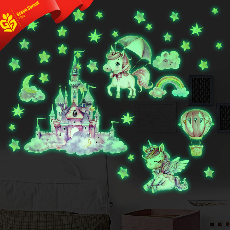 สติ๊กเกอร์ติดผนังเรืองแสง การ์ตูนยูนิคอร์นปราสาทกาวในตัวที่ถอดออกได้ห้องเด็กเพดานตกแต่งผนังห้องสาวสติกเกอร์เรืองแสงแสงวัสดุเป็นมิตรกับสิ่งแวดล้อมอบอุ่นประกอบ