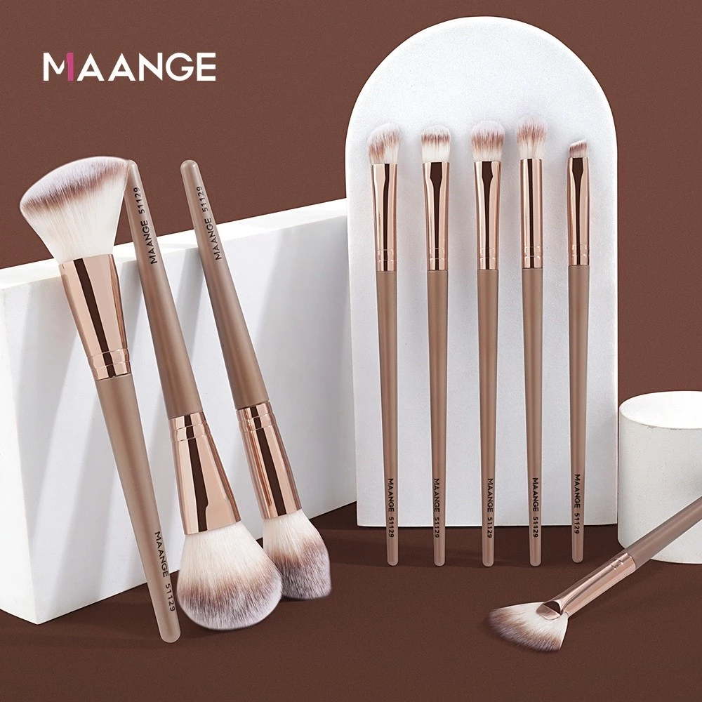 MAANGE 9PCS ชุดแปรงแต่งหน้า เหมาะสำหรับ แปรงปัดแก้มรองพื้น ชุดไฟเบอร์ไนล่อน เครื่องมือความงาม