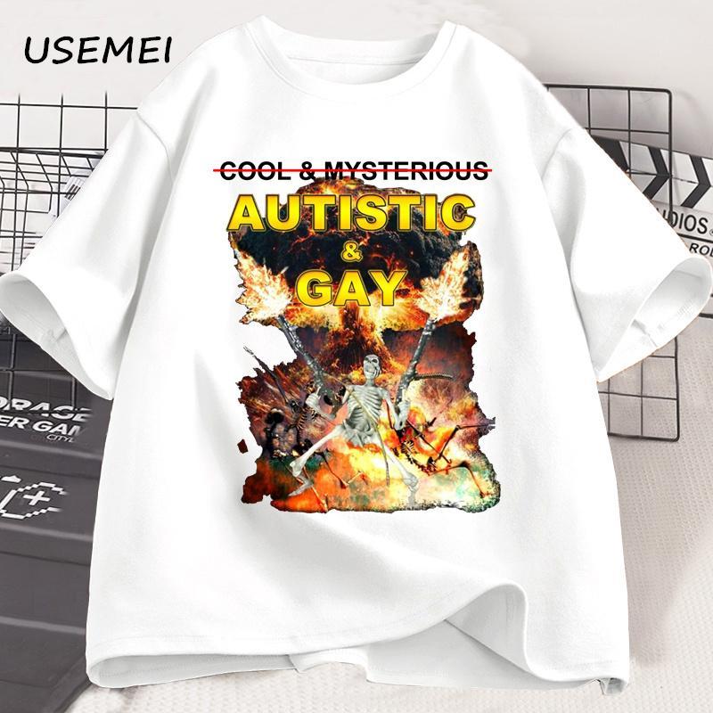 Autistic and Gay Skeleton Explosion T-Shirt Unhinged Graphic T Shirts Cursed Skeleton Autism Meme Ts