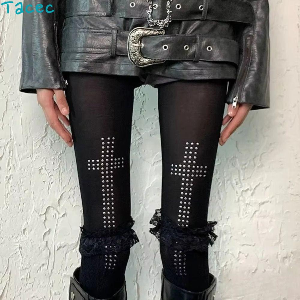 ANAMA Tights กางเกง,ยืดหยุ่นนุ่ม Y2K Pantyhose, Vintage Rhinestone Cross Retro 2000s ผู้หญิงกางเกงขายาวผู้หญิง