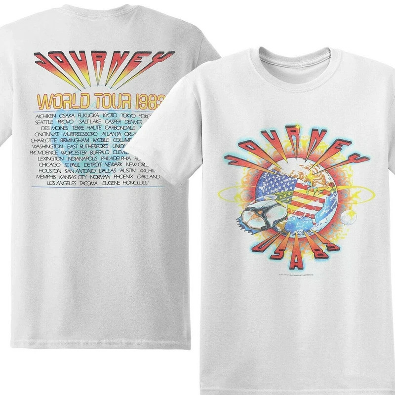 Vtg 1983 Journey World Tour Concert Rock Band 2 ด้านพิมพ์ซ้ําหรูหรา T เสื้อสําหรับผู้ชายและผู้หญิง