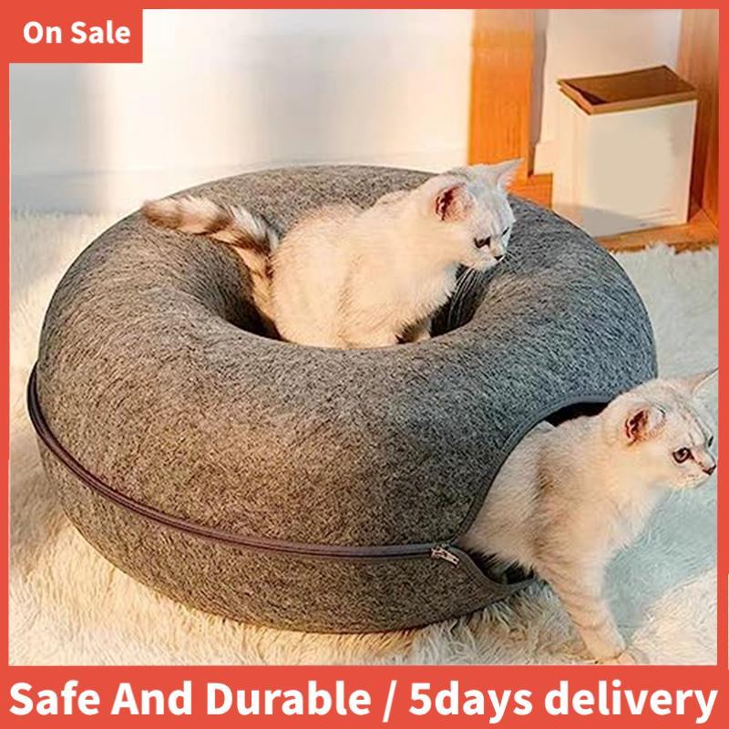 Cat Tunnel Bed Felt Cat-Tunnel Bed สําหรับแมวในร่ม,Detachable Round Cat-Felt & Washable ภายใน Cat-Pl
