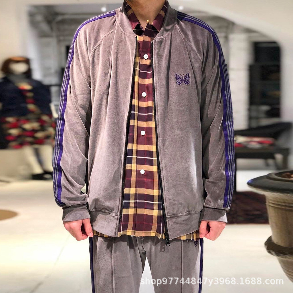 ZYBR Needles narrow Velvet Jacket Embroidered Retro Striped Ribbon Casual Sports Jacket Cardigan Tre