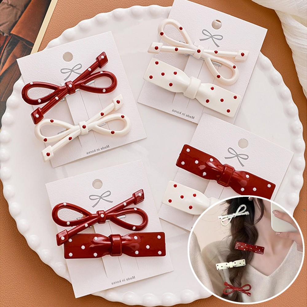 แฟชั่นเกาหลี Retro Polka Dot Bow กิ๊บติดผมคลิปด้านข้างอเนกประสงค์ High-end Duckbill คลิปหวาน Girly Bangs คลิป