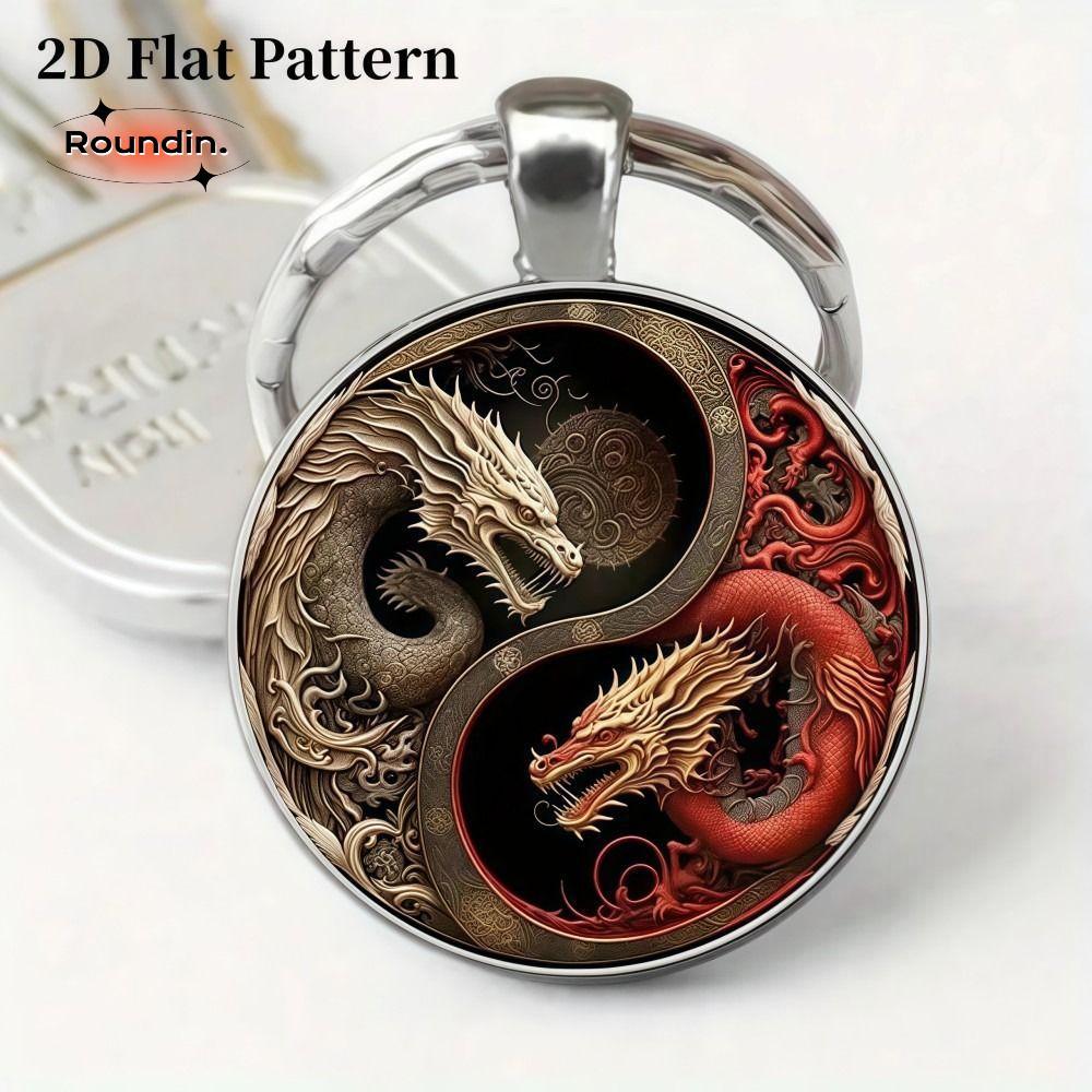 ROUNDIN จี้โลหะ, โลหะผสมคลาสสิก Yin Yang Dragon พวงกุญแจ, Stylish Delicate White Red Dragon Design V