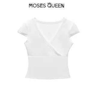 MOSESQUEEN เสื้อสูทแขนสั้น ผู้หญิง ชุดเสื้อ T แบบใหม่สไตล์อเมริกัน ลายตัวย่อ คอต่ำ ยืดได้ กระชับตัว สีเดียวกัน #63434