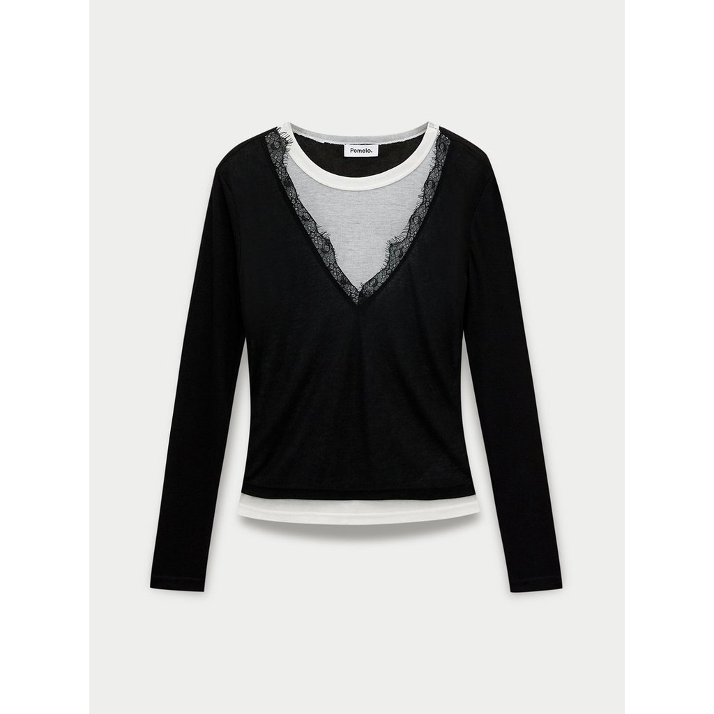 [Pomelo] เสื้อดีไซน์เลเยอร์เสื้อแขนยาวคอวีแต่งขอบลูกไม้ / Layered V