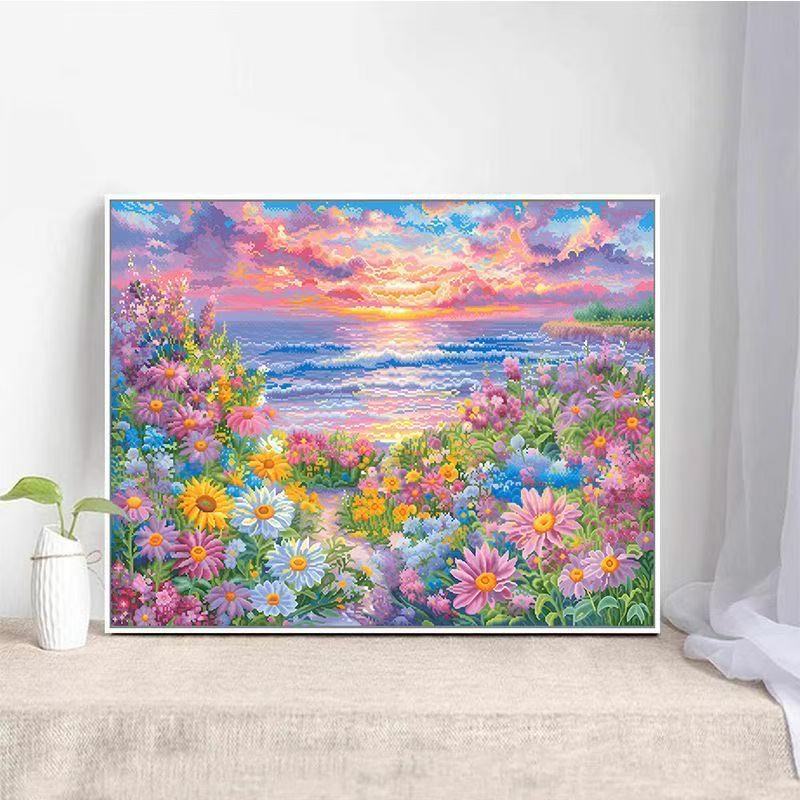 【80x60cm-11CT】ปักครอสติฝันดอกไม้ทะเลเดซี่โรแมนติกดอกไม้ริมทะเลภูมิทัศน์เย็บปักถักร้อยมือที่แม่นยํา