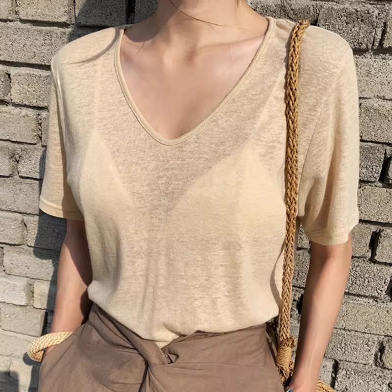 2676 เสื้อยืดแขนสั้นคอวีผ้าฝ้ายผสมลินินลายเกล็ดหิมะสำหรับฤ รูปที่ 3