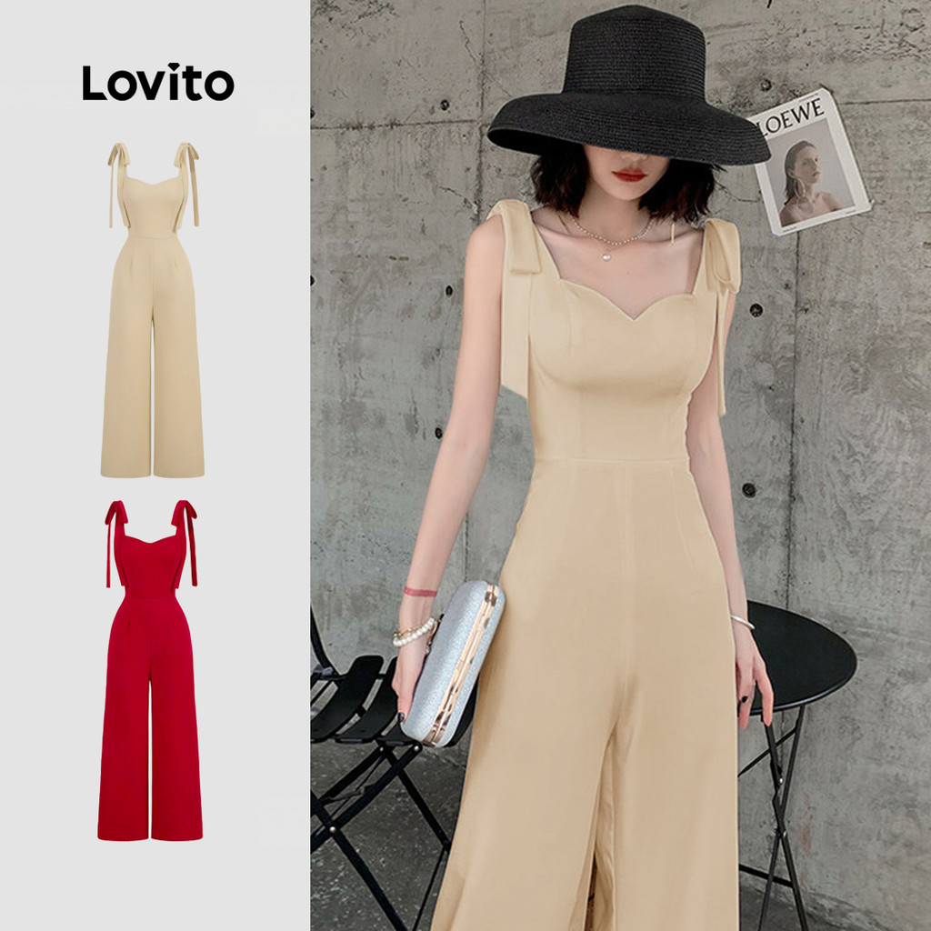 (NEW) Lovito  จั๊มสูทลําลองผูกโบว์สําหรับผู้หญิงสไตล์ฤดูใบไม้ผลิ/ฤดูร้อนสีแอปริคอท L179AD168