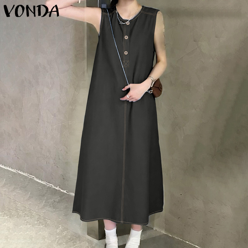VONDA ดRESS แขนกุดสไตล์เกาหลีย้อนยุคสำหรับผู้หญิง ทรงแม็กซิ คอครึ่งปุ่ม เปิดหน้าอก สไตล์ STREET ใส่สบายในฤดูร้อน — صورة 4