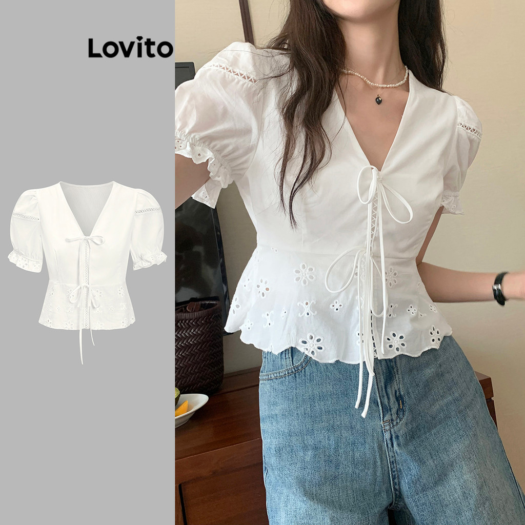 Lovito โบฮีเมียน ฤดูร้อน/ฤดูใบไม้ผลิเสื้อตาไก่เย็บปักถักร้อย ผูกเชือก เสื้อสําหรับผู้หญิง L86ED245 – โปรปัง