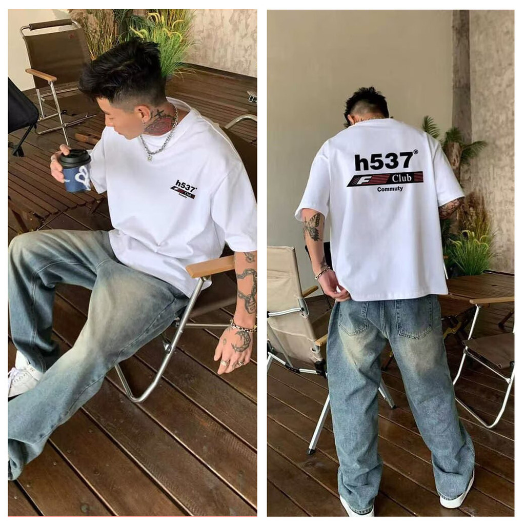 เสื้อยืดแขนสั้นสำหรับผู้ชายไซส์ใหญ่ เนื้อผ้านุ่ม ระบายอากาศได้ดี ลายพิมพ์สีดำและขาวแบบบล็อกสี