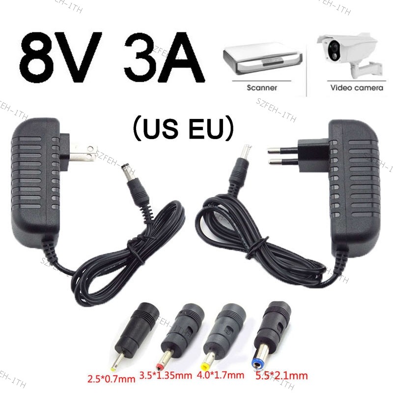 5.5*2.1 มม.4.0*1.7 มม.3.5*1.35 มม.2.5*0.7 มม.ปลั๊ก AC DC อะแดปเตอร์แปลง DC 8V 3A AC 110V-240V Power 