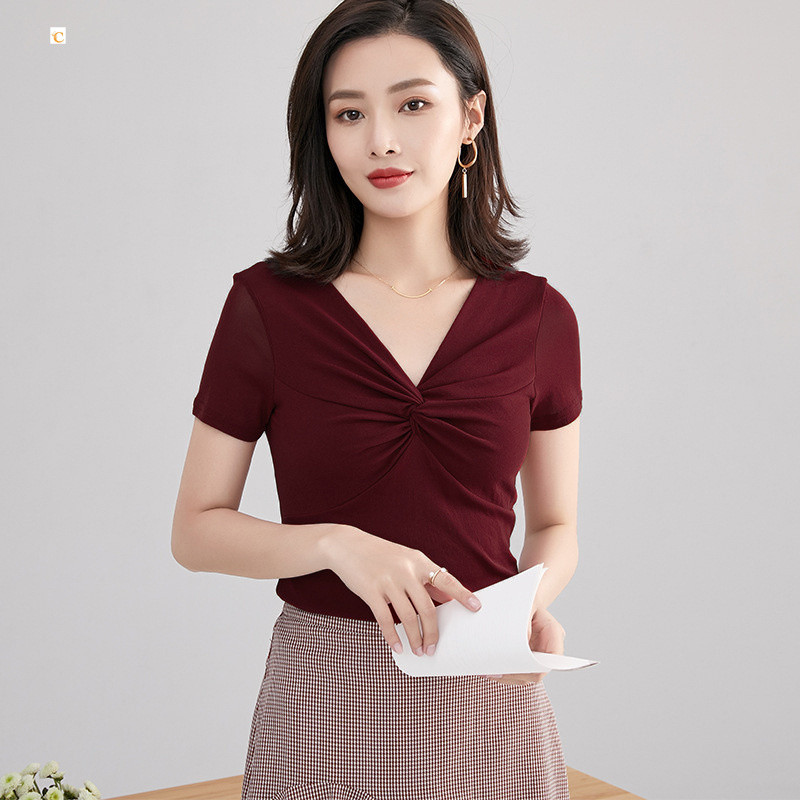 S-XLv คอ Slimmer ดู Slim-fit ตาข่ายแขนสั้นเสื้อยืดผู้หญิง ins เสื้ออินเทรนด์ 2026 สไตล์ฤดูร้อนสไตล์เ